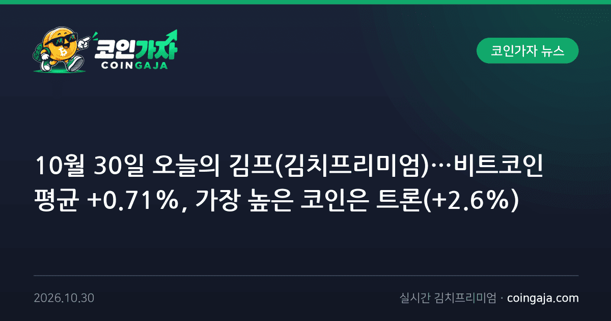 10월 30일 오늘의 김프(김치프리미엄)…비트코인 평균 +0.71%, 가장 높은 코인은 트론(+2.6%)